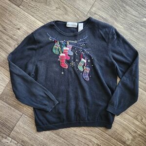 Alfred Dunner Vintage Navy Blue Stocking Festive Holiday Sweater
